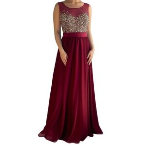 Cinderella Divine Prom Dress Embellished Illusion Neckline Gown‎ Burgundy Size 8